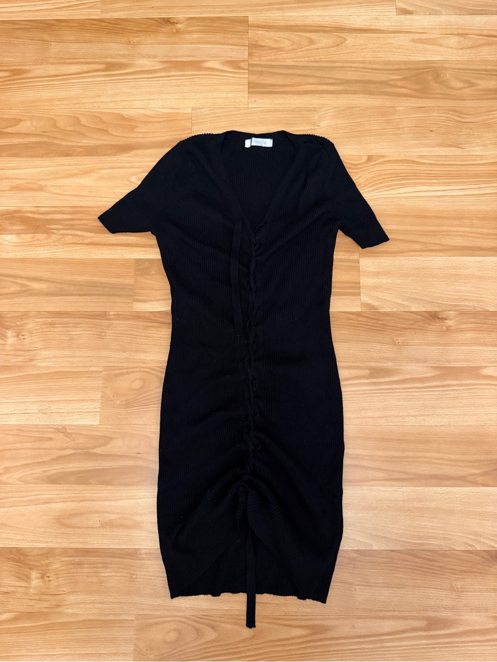 Blue Orchid Black Ribbed Knit Lace Up Cinch Front Mini Dress Short Sleeve (XS)